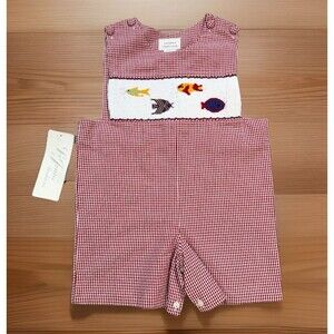 NWT LaJenns Fashions Hand Smocked Shortall Jon Jon Romper SIZE 4 Red Plaid Fish